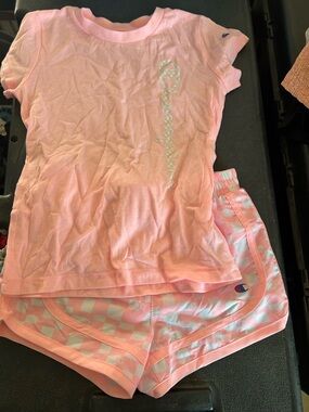 Champion Pink Girls Tee and Pink & White Checker Shorts Set